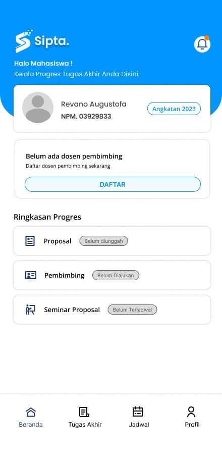 Tangkapan layar aplikasi Sipta pengelola tugas akhir mobile