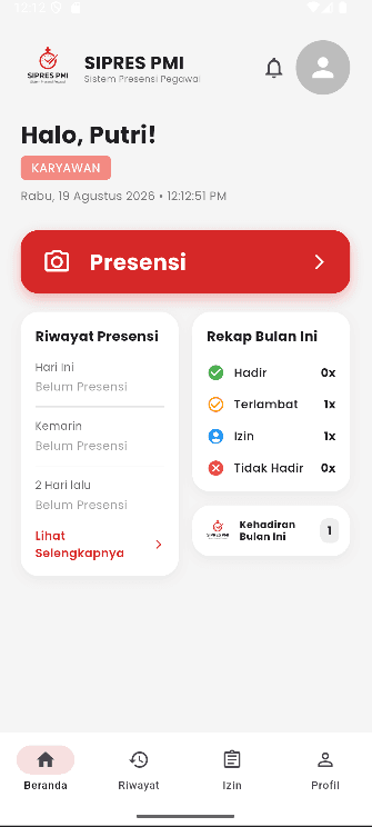 Tangkapan layar aplikasi Sistem Presensi Mobile PMI Kabupaten Cilacap